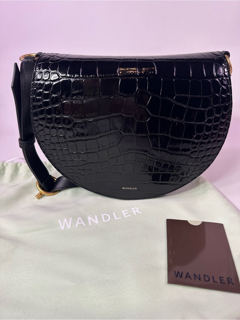 NEW WANDLER KATE LEATHER CROC EMBOSSED CROSSBODY BAG BLACK - Picture 7 of 11